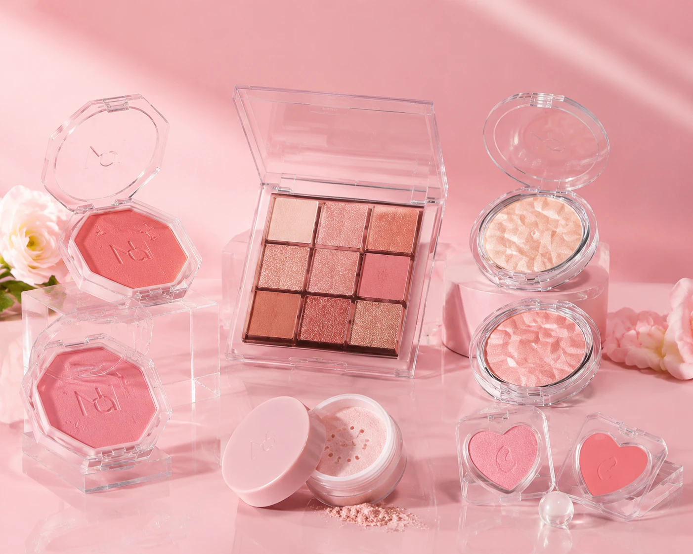 mocoallure pink makeup collection with blush eyeshadow palette and highlighter products