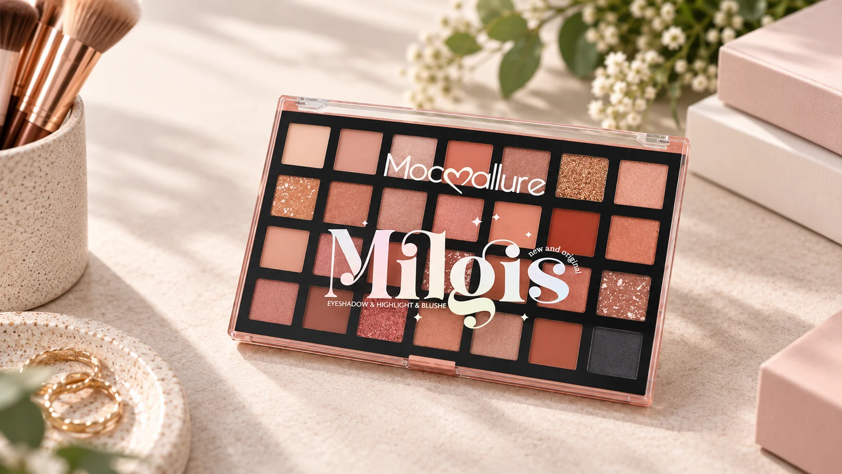 Mocoallure ES5102 custom eyeshadow palette with multiple warm-toned matte and shimmer shades
