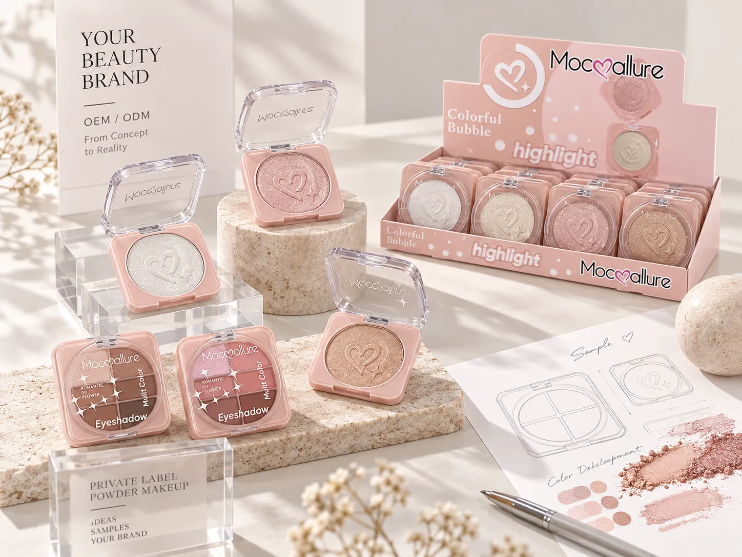 Mocoallure private label highlighter and eyeshadow OEM ODM samples
